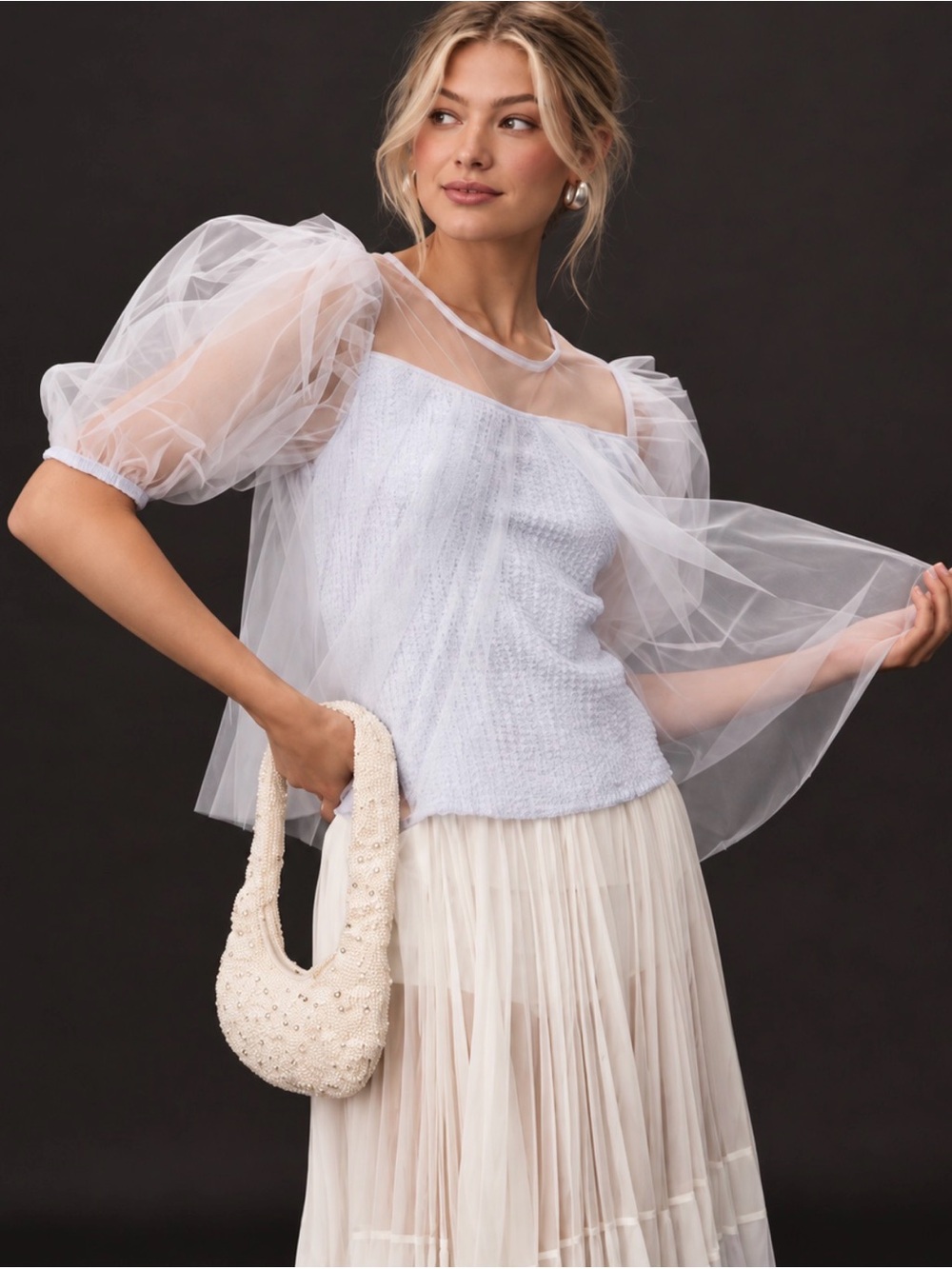 Anthropologie Icy Blue Gray Sheer Tulle Puff Sleeve Coquette Blouse XS